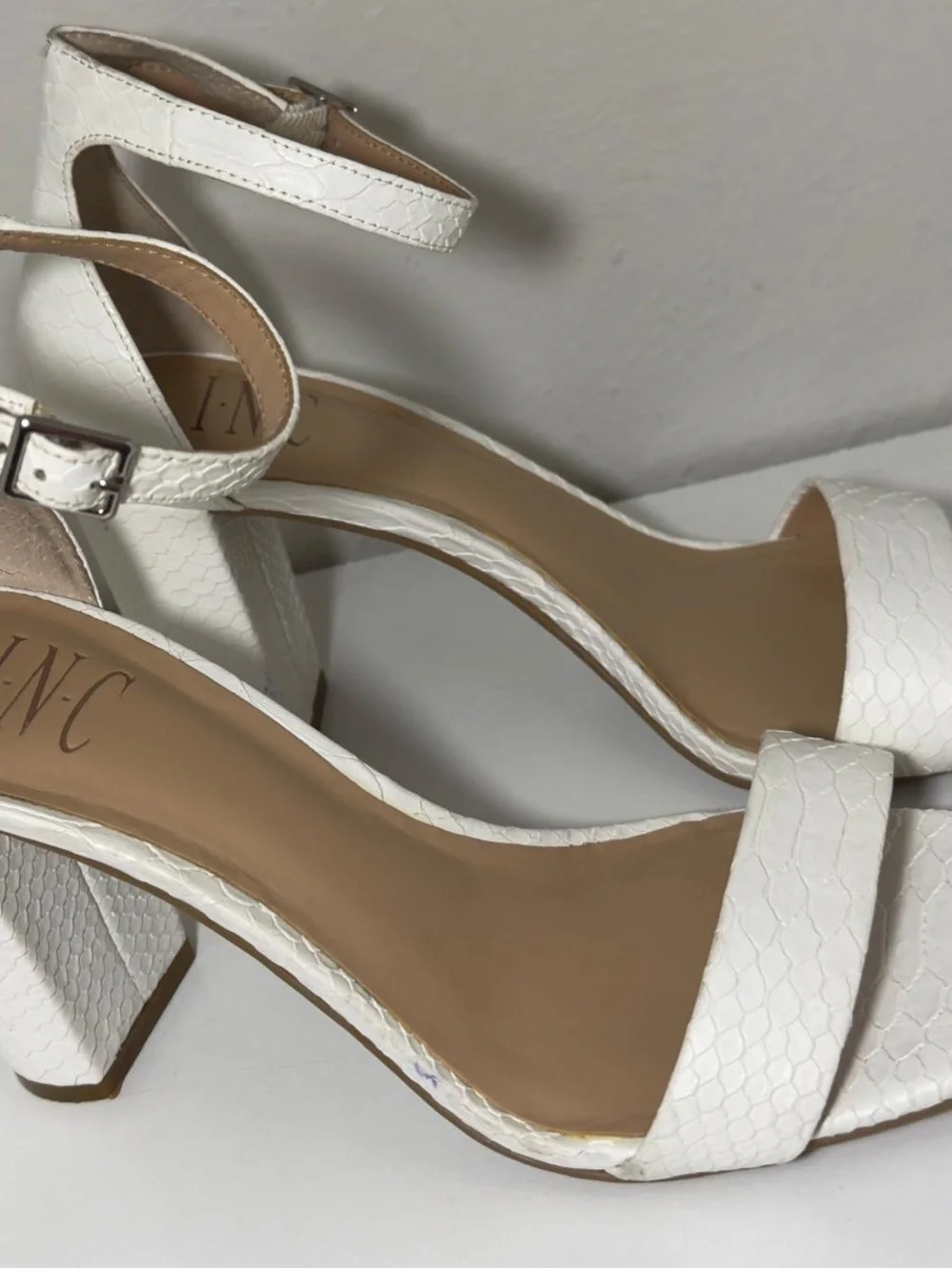 INC International Concepts White Textured Ankle-Strap Block Heels